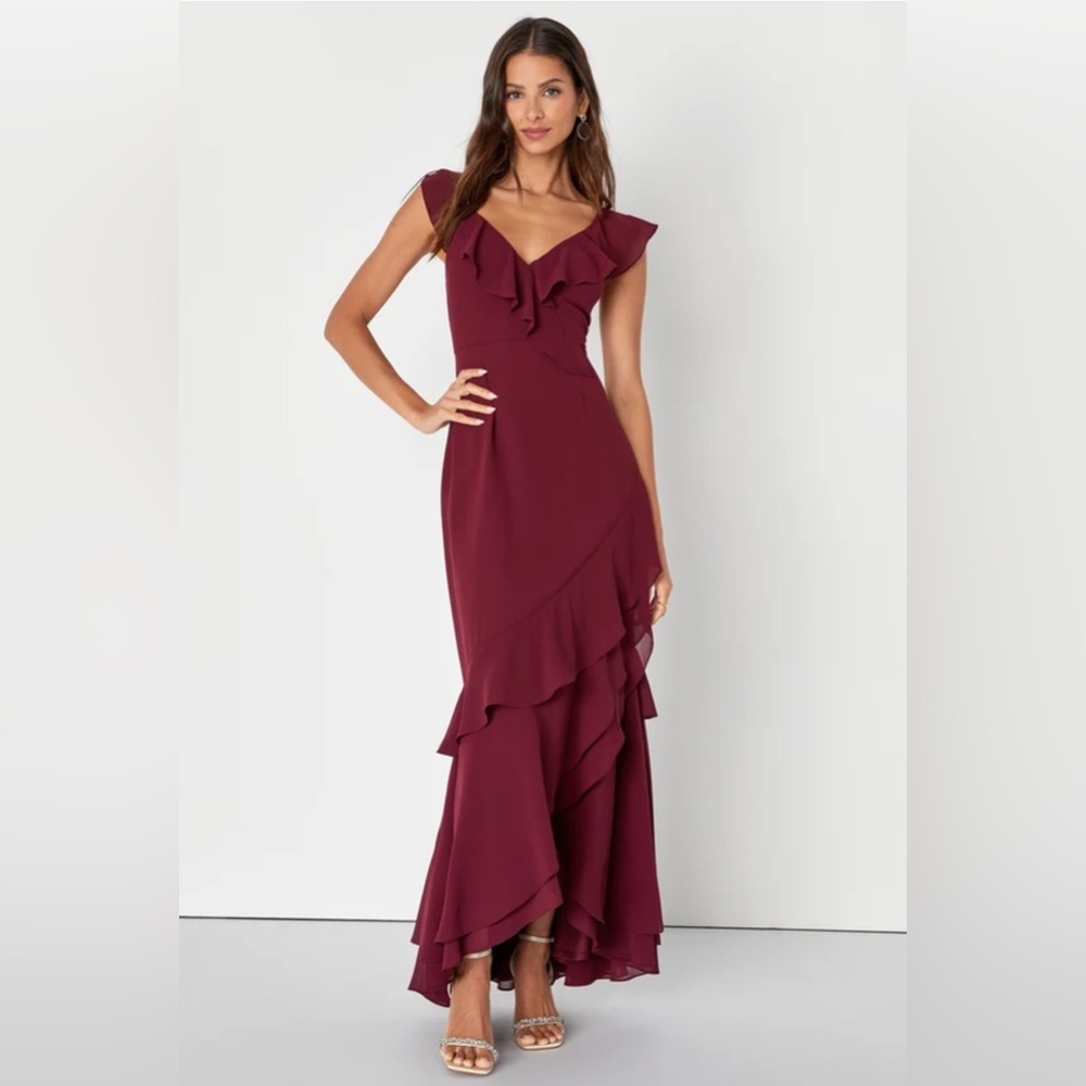 Lulu's Wine Ruffle V-Neck Maxi Dress